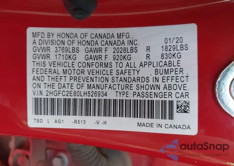 2020 Honda Civic Sport from USA, damaged, VIN 2HGFC2E80LH526934